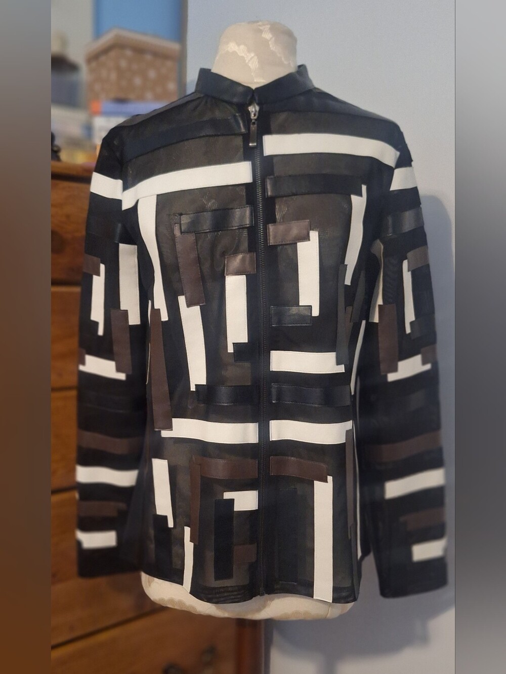Frank Lyman Geometric Zip-Front Jacket with White, Brown, and Black Accents